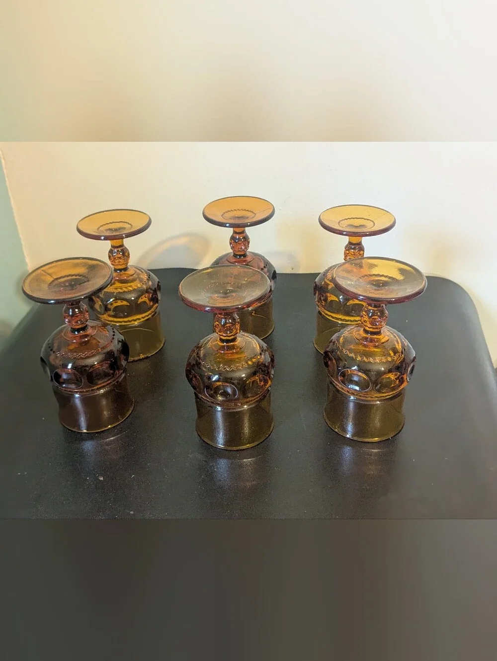 Indiana Amber Pedestal Kings Crown Thumbprint 8 Ounces Glasses Set Of Six